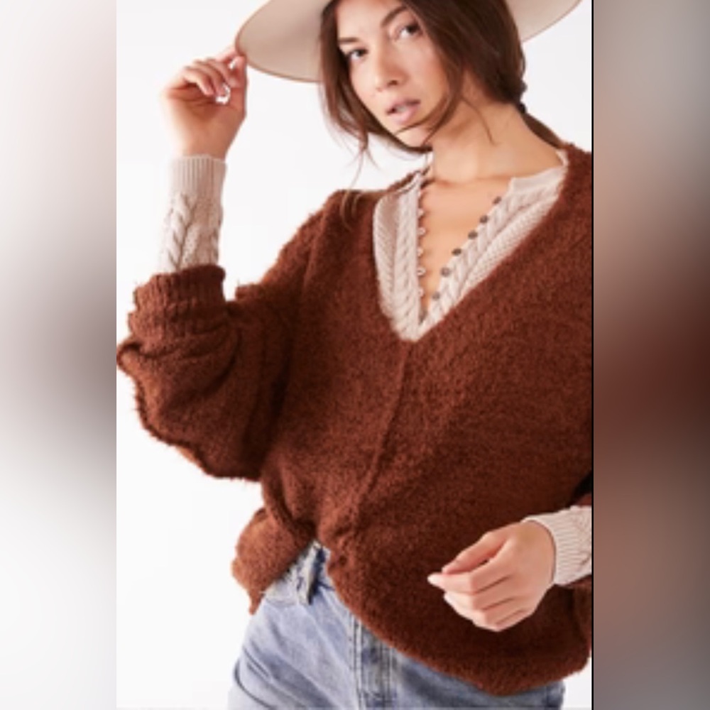 Free People Icing V-Neck Knit Sweater Mocha Java Brown